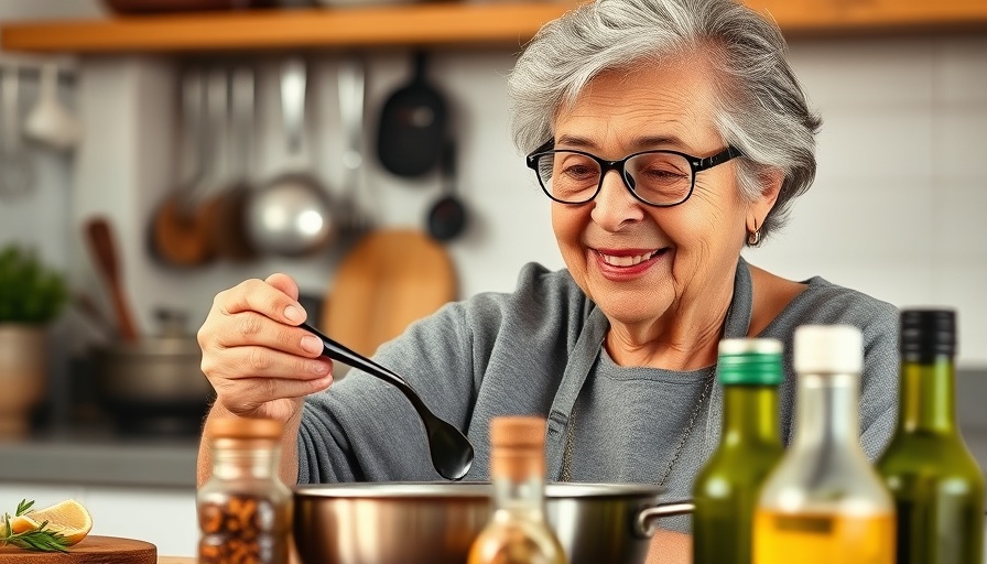 Elderly woman tasting food in modern kitchen. Food myths debunked.
