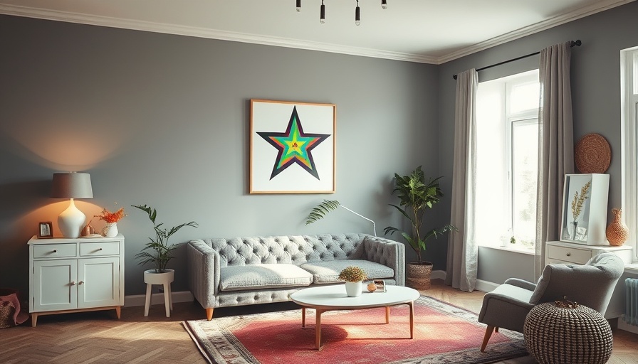 Contemporary living room with grey paint and bohemian decor.