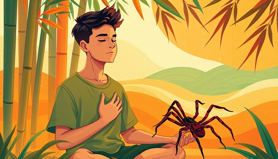 Colorful meditation scene with man and spider in bamboo room, promoting health and wellness.