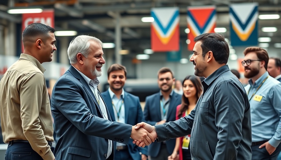 Business handshake in industrial setting with diverse team