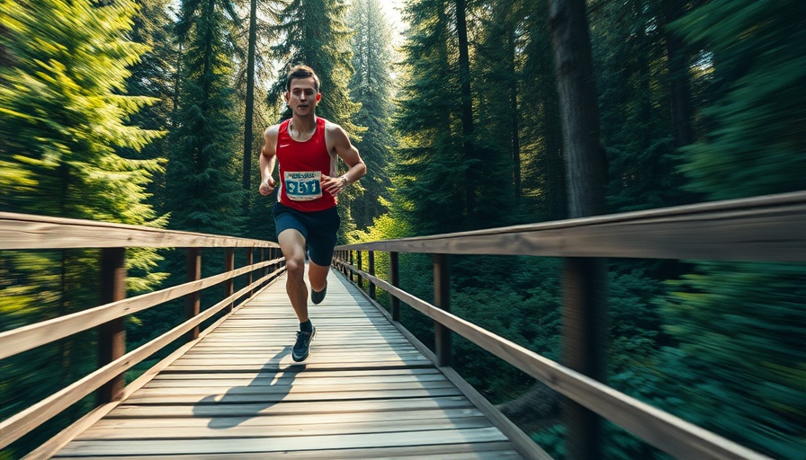 Athlete running across a bridge at Huntington Lake Triathlon in a forest.
