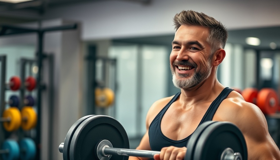 Middle-aged man holding a barbell weight in the gym.