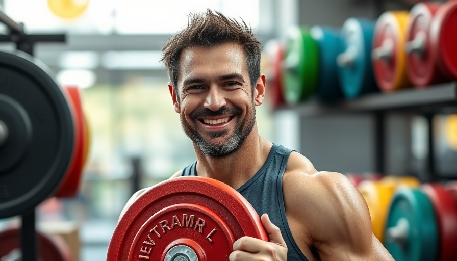 Fit man in gym holding red weight plate, exploring 'what does it mean to hit your macros'.