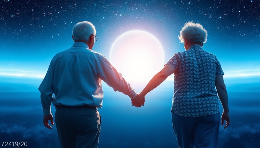 Elderly couple embracing health and wellness under a starry blue sky.