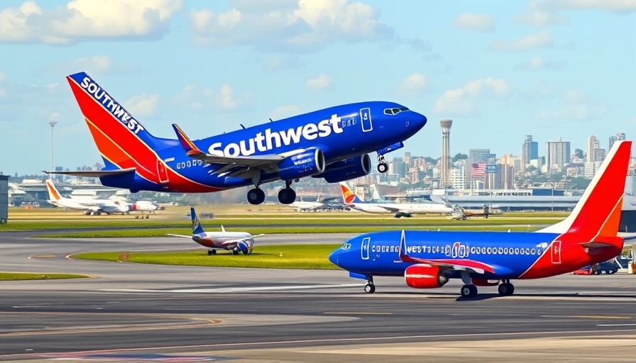 Southwest Airlines planes at airport, one taking off, vibrant scene.