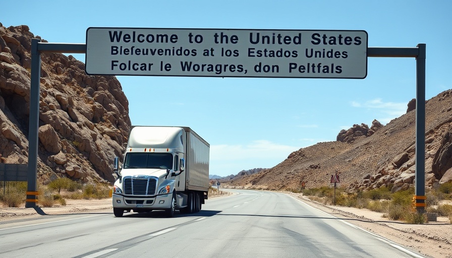 Truck at US border under bilingual 'Welcome' sign, English requirement for truck drivers.