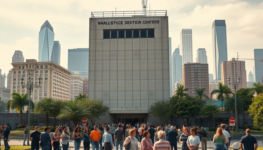 Tall detention center in city with people and skyscrapers.
