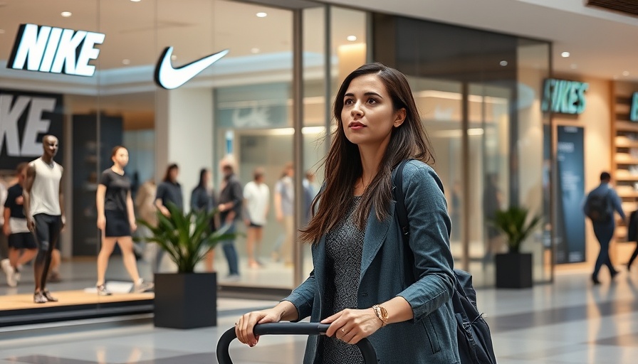 Woman shops at Nike store in modern mall, reflecting on tariff costs.