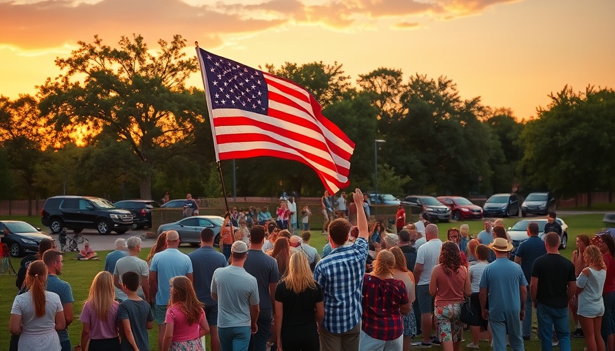 Fourth of July celebrations in a park with families and American flag.