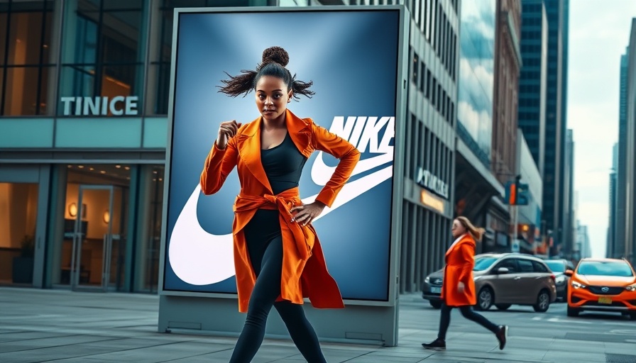Urban scene of Nike billboard with female athlete promoting stock recovery.