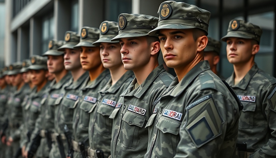 California National Guard troops in formation with shields, urban setting.