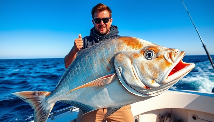 Man with 200-pound Atlantic halibut catch on boat in ocean.