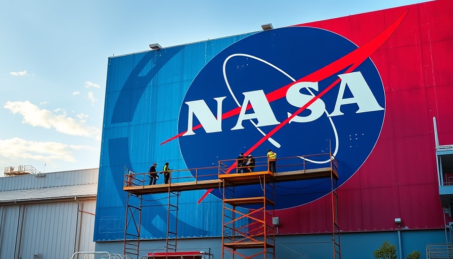 Massive NASA logo painting with workers on scaffold, vibrant setting.