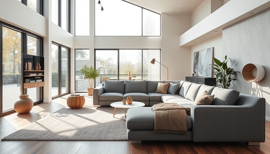 Modern living room with sofa, large windows, Fourth of July sofa deals.