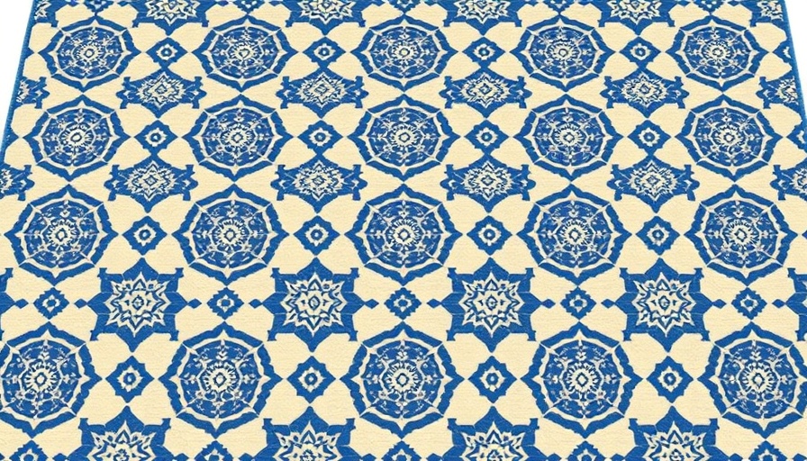 Geometric patterned rug with circular designs in blue and white.