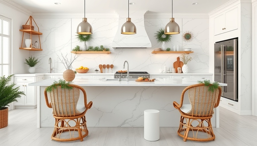 Elegant white marble kitchen with festive decor.