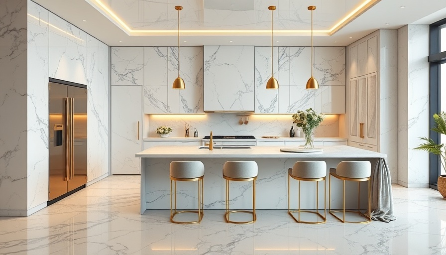 Sleek marble kitchen with gold accents in a modern setting.