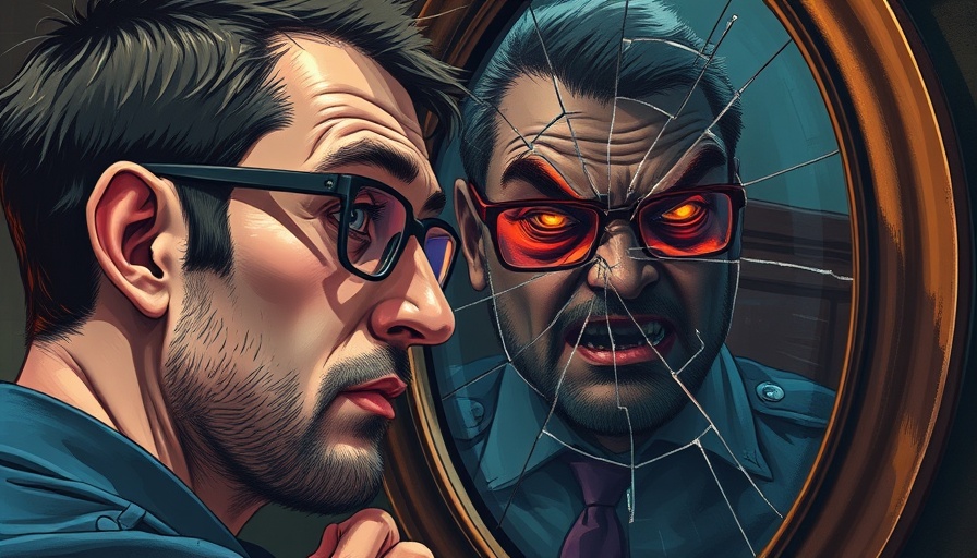 Man facing cracked mirror with angry reflection, exploring toxic friendships and self-discovery.