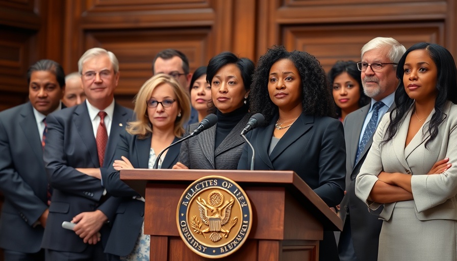 Los Angeles Mayor Bass and diverse group at podium during speech.