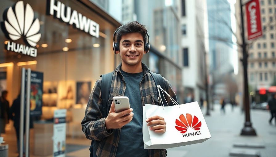 Young man with Huawei bag outside store amid legal case.