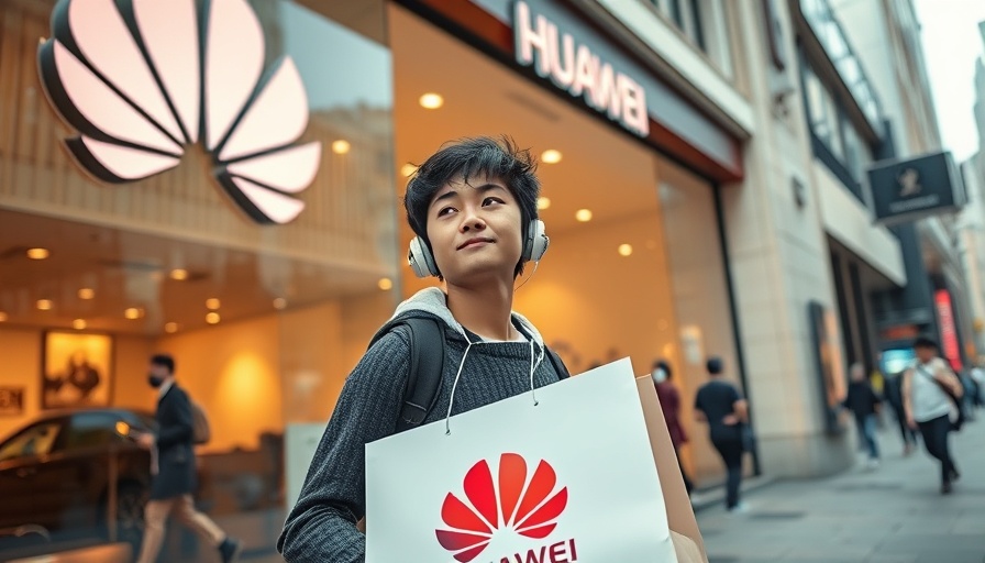 Young person outside Huawei store holding a shopping bag
