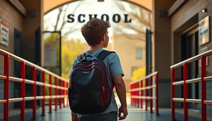 Young student entering a California school with backpack.