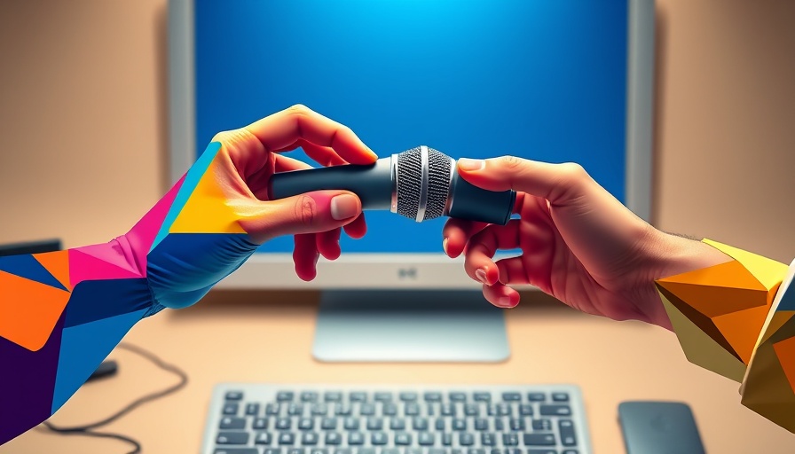 Colorful abstract hands exchanging a microphone, AI voice tools concept.