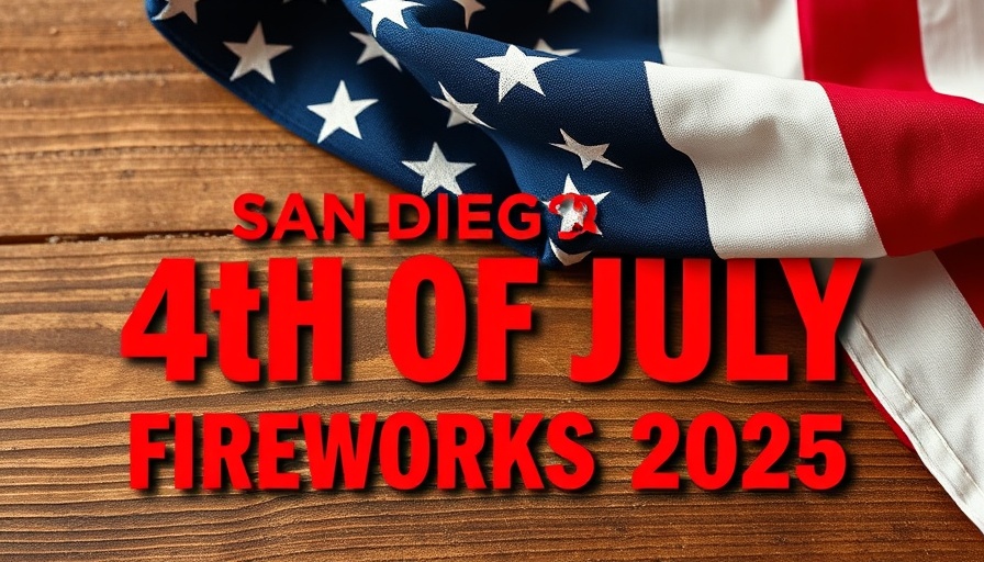 4th of July Fireworks San Diego announcement on wooden background with flag