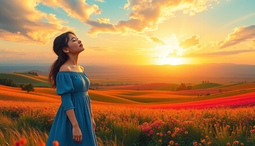 Serene woman enjoying nature in vibrant sunset landscape, health and wellness focus.