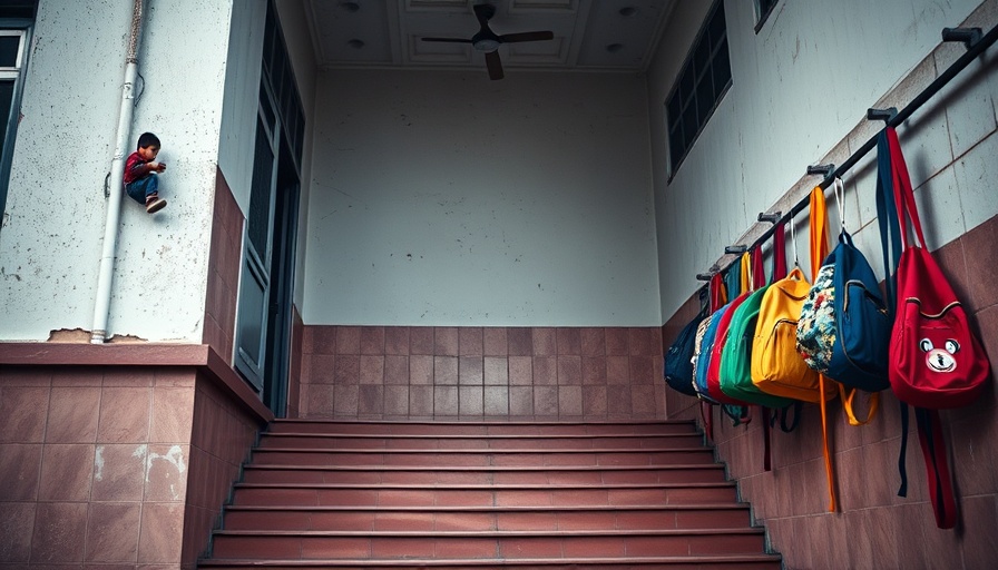 Young child climbing stairs near school with colorful backpacks hanging.