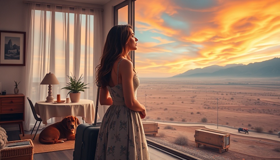 Grief of the in-between: young woman with suitcase, dreamy landscape.