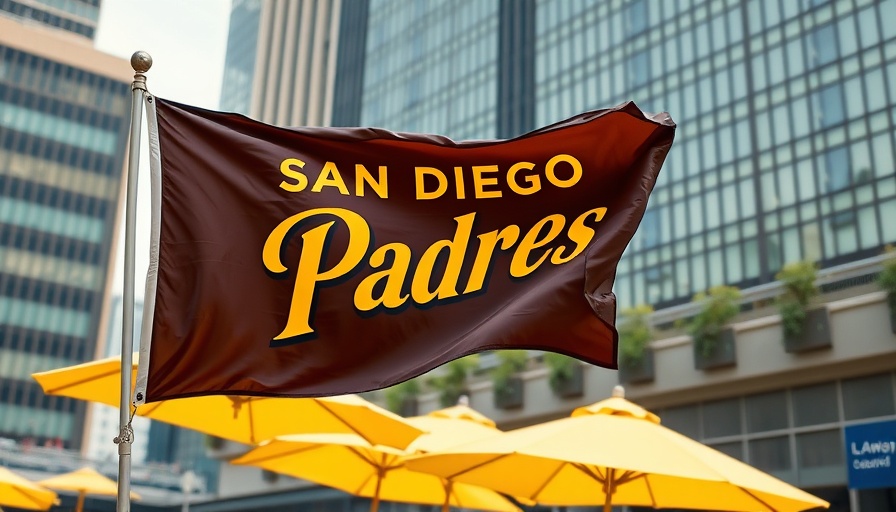 San Diego Padres flag waving near yellow umbrellas.