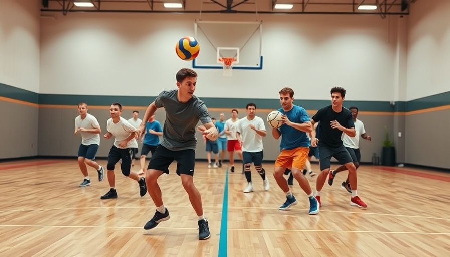 Team practicing dodgeball drills in a vibrant gym.