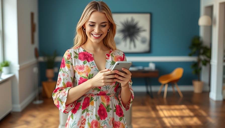 Charming woman in floral dress smiling at home, San Jose fitness tips.