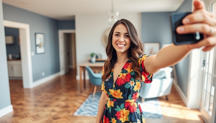 Woman in floral dress taking selfie in stylish room, San Jose fitness tips.