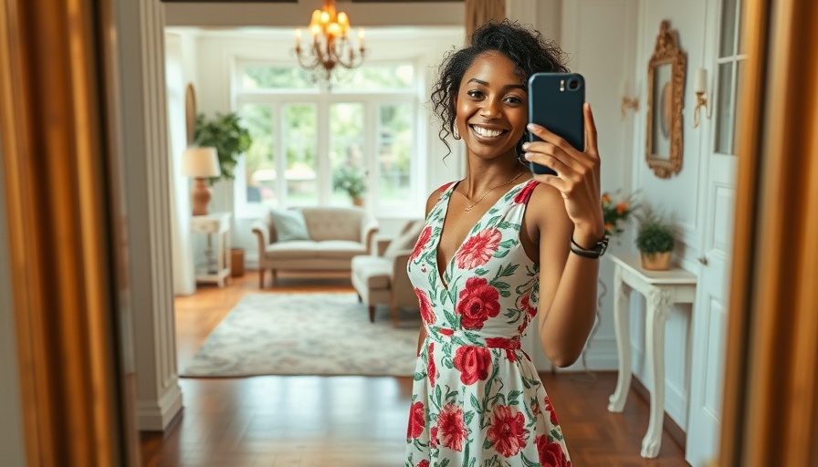 Woman in floral dress smiling while taking a selfie for San Jose fitness tips.