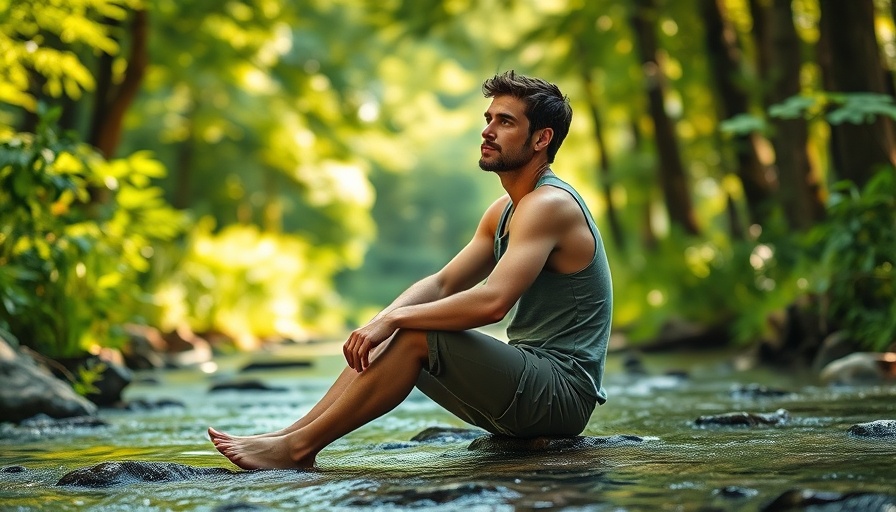 Man by forest stream enjoying nature, health and wellness theme.