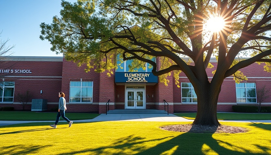 San Diego school enrollment decline with child and parent outside elementary school.
