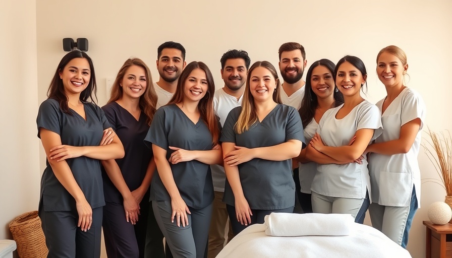 Friendly group of massage therapy professionals in studio.