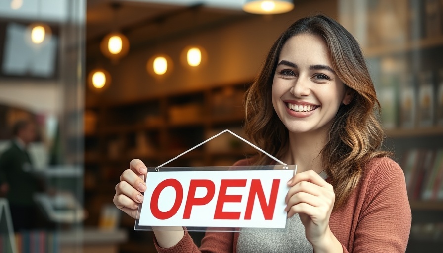 Cheerful woman promoting shop opening, SBA supports small-business success.