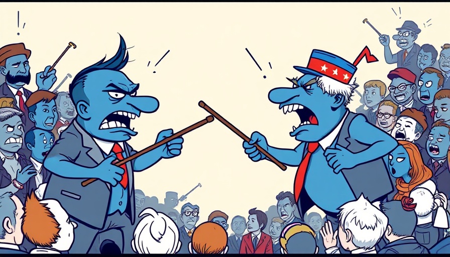 Cartoon political confrontation in comic style with blue characters.