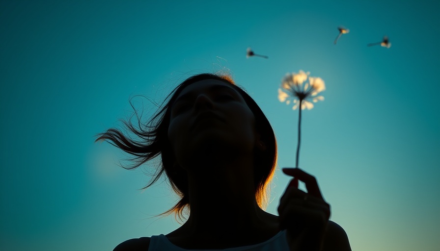Guided imagery for mindfulness: woman blowing dandelion seeds in silhouette.