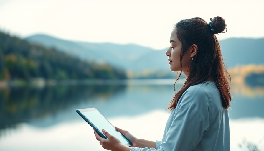 Serene woman meditating by lake, digital reflection study.