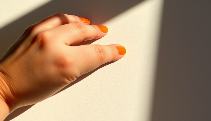 Bright orange summer nail colors on hand, casting shadows.