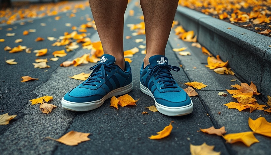 Mindful approach at the curb; feet in sneakers with autumn leaves.