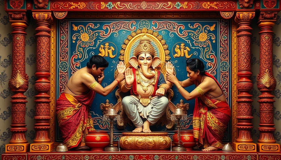 Artwork depicting a ceremonial scene, myth of Buddha born a Hindu.
