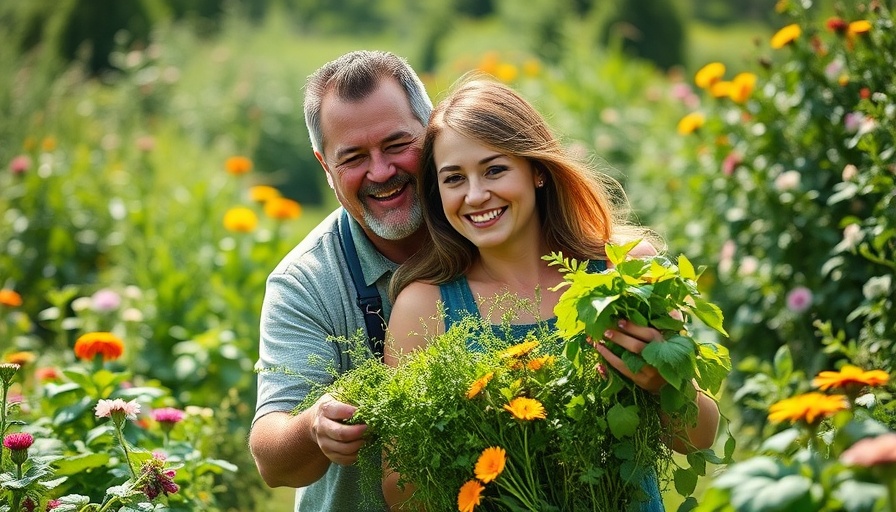 Couple harvesting herbs in a vibrant garden