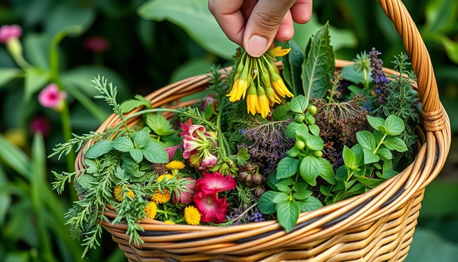Bioregional herbalism vibrant herbs basket in garden.