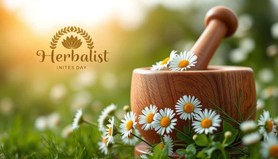 Community herbalist banner with daisies and wooden bowl.