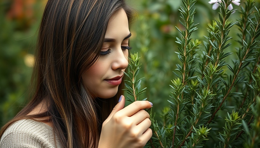 Woman enjoying the aroma of rosemary, related to essential oils adaptogens.